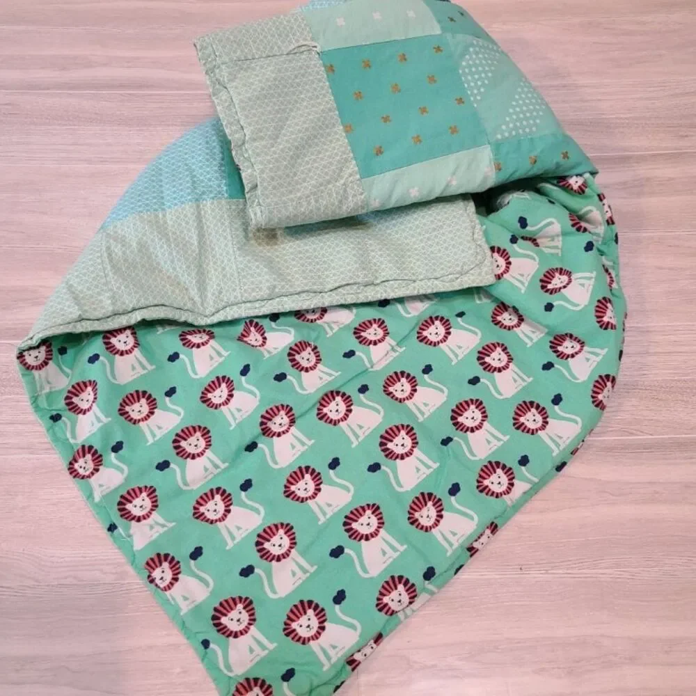 Handmade Baby Quilt Michael Miller Lion Navy Turquoise Stroller Blanket 36x27